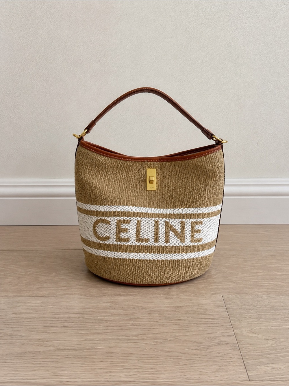 CELINE Small Raffia Bucket Bag with Leather Trim & Gold Hardware